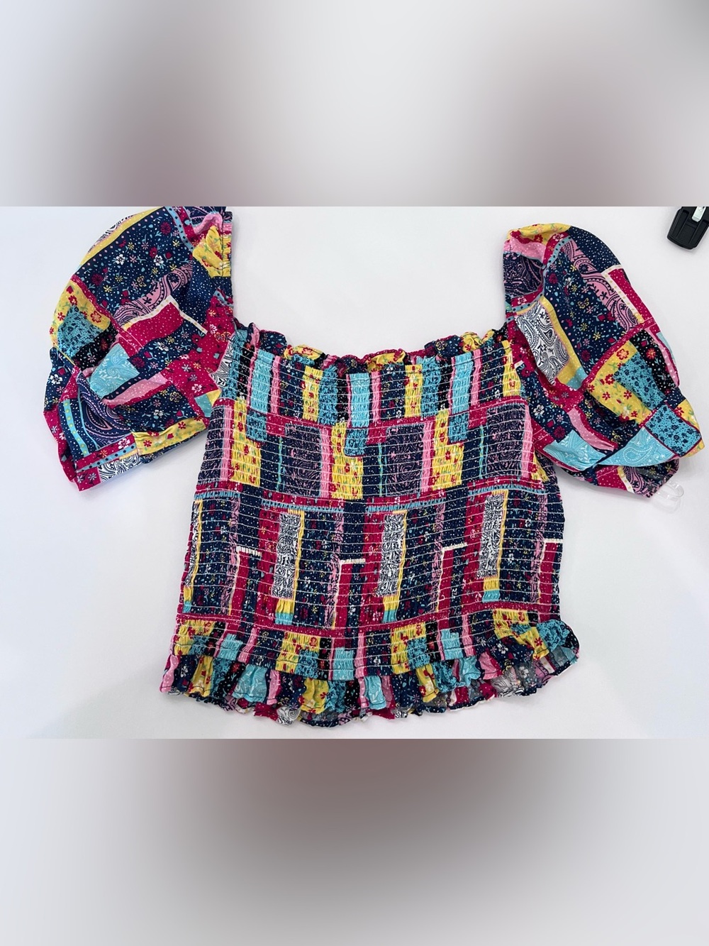 Rock& Roll Denim Multi-Color Smocked Crop Top - Vibrant Patchwork Print